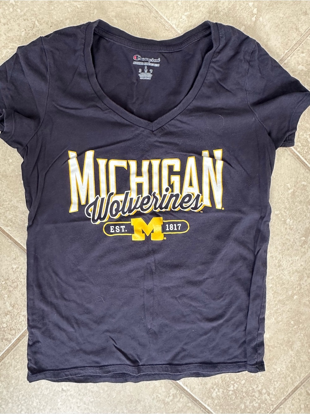 Champion Navy Michigan Wolverines V-Neck Tee with Yellow Logo